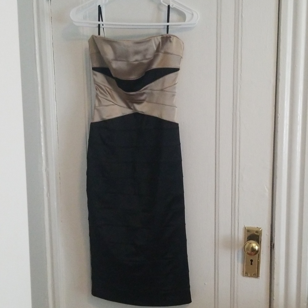 Bebe satin bodycon strapless cocktail dress